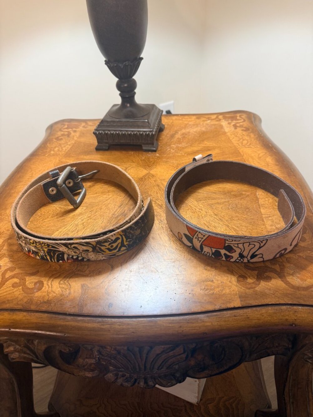 2 Vintage ED HARDY Belts Black‎ & White Studded Tattooed Leather Skull Heart 34